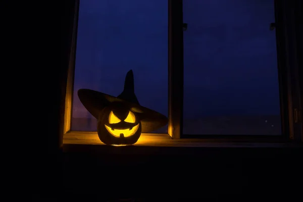 Abóbora Halloween Assustadora Janela Mística Casa Noite Abóbora Halloween Noite — Fotografia de Stock