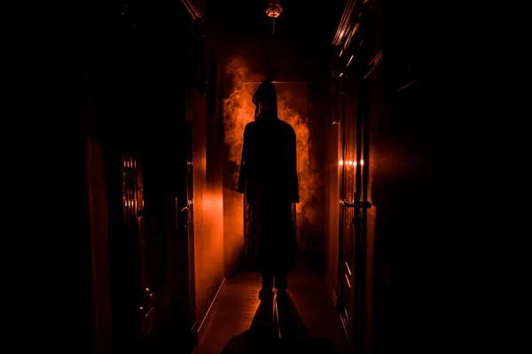 Creepy Silhouette Dark Abandoned Building Horror Halloween Concept Dark Corridor — Stock Photo, Image