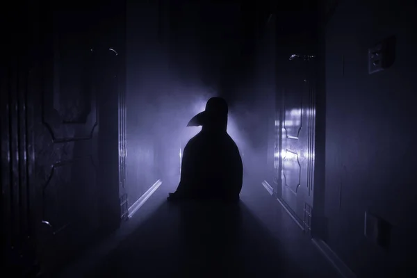 Creepy Silhouette Dark Abandoned Building Horror Halloween Concept Dark Corridor — Stock Photo, Image