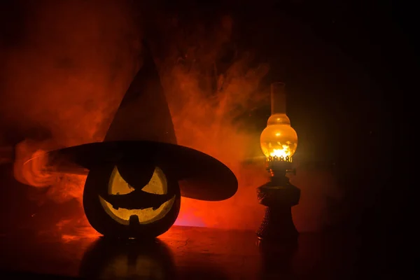 Scène Halloween Avec Citrouille Lampe Huile Happy Halloween Fond Vacances — Photo