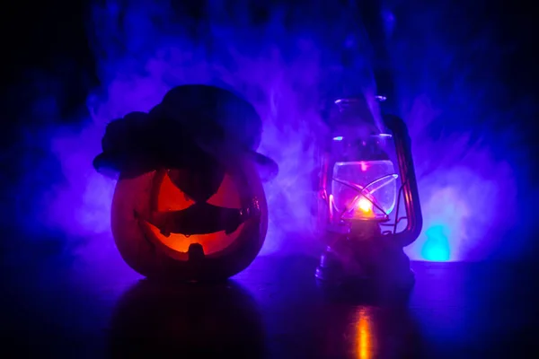 Scena Halloween Con Zucca Lampada Olio Happy Halloween Vacanza Sfondo — Foto Stock