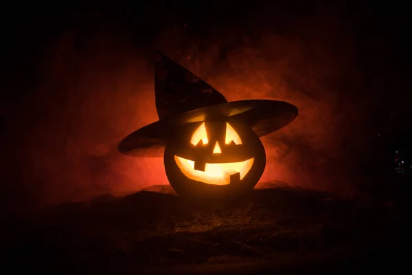 Halloween Koncepció Jack Lantern Mosoly Ijesztő Szemét Fél Éjszakát Közelről — Stock Fotó