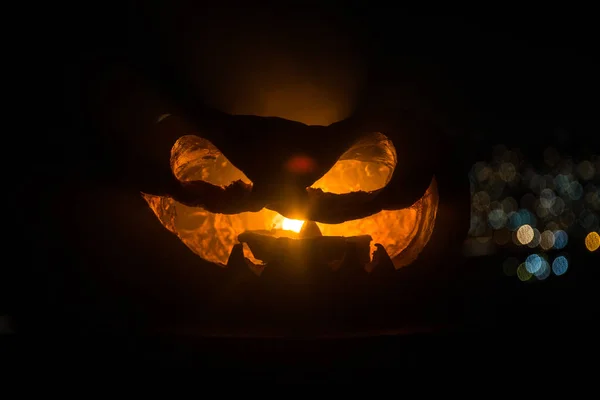 Halloween Tök Mosoly Scrary Szemét Fél Éjszakát Közelről Nézet Félelmetes — Stock Fotó