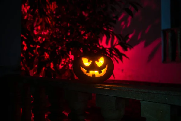 Halloween Kürbis Geschnitzter Halloween Kürbis Der Dunkeln Leuchtet Außenschuss — Stockfoto