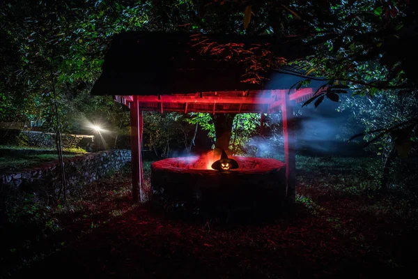 Abandonné Bien Dans Forêt Avec Citrouille Halloween Nuit Concept Horreur — Photo