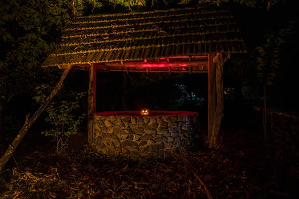 Abandonado Bem Floresta Com Abóbora Halloween Noite Conceito Horror — Fotografia de Stock