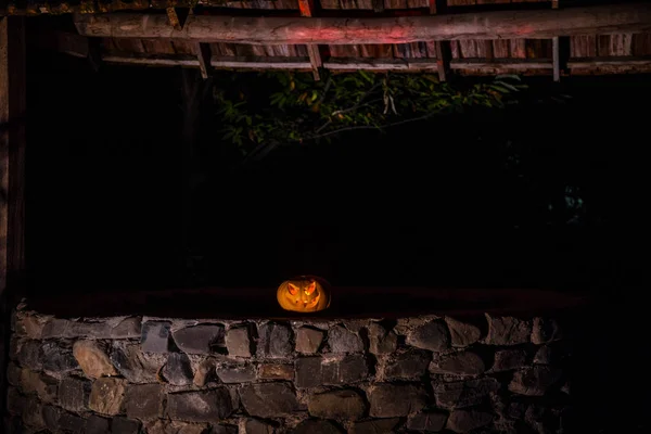 Брошен Лесу Тыквой Хэллоуин Ночью Концепция Ужасов — стоковое фото