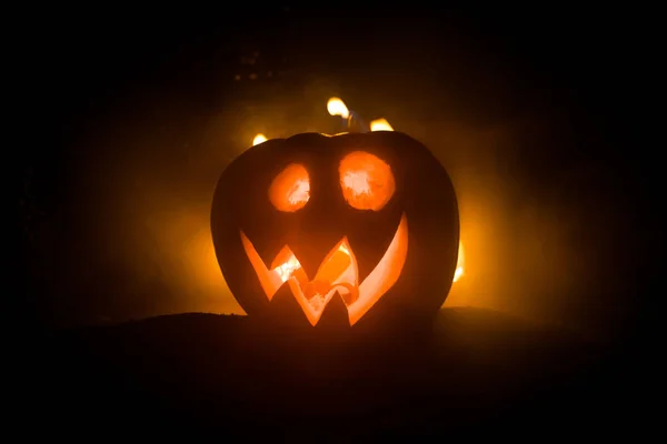 Sorriso Abóbora Halloween Olhos Raspados Para Noite Festa Vista Perto — Fotografia de Stock