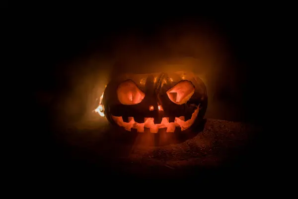 Halloween Pumpkin Smile Scrary Eyes Party Night Close View Scary — Stock Photo, Image