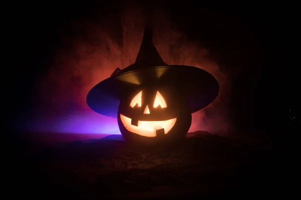 Koncepcja Halloween Jack Lantern Uśmiech Straszne Oczy Noc Stroną Zamknij — Zdjęcie stockowe