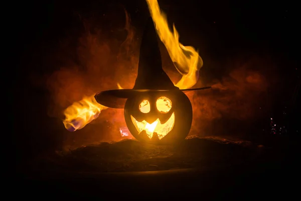Concetto Halloween Jack Lanterna Sorriso Gli Occhi Spaventosi Notte Festa — Foto Stock