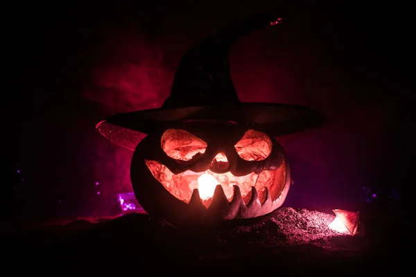 Halloween Koncepció Jack Lantern Mosoly Ijesztő Szemét Fél Éjszakát Közelről — Stock Fotó