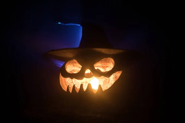 Conceito Halloween Sorriso Jack Lanterna Olhos Assustadores Para Noite Festa — Fotografia de Stock