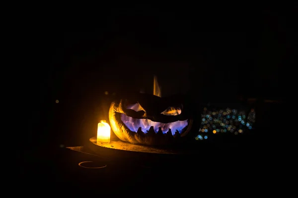Sorriso Zucca Halloween Occhi Scarsi Notte Festa Vista Vicino Della — Foto Stock