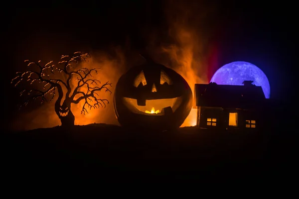 Horror Vista Calabaza Halloween Con Cara Sonriente Miedo Linterna Gato — Foto de Stock