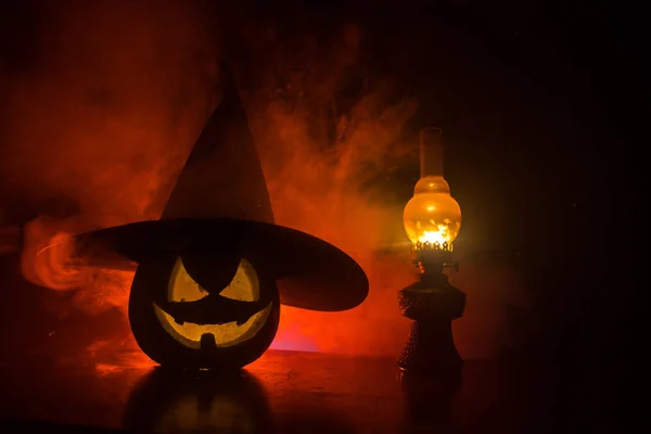 Scena Halloween Con Zucca Lampada Olio Happy Halloween Vacanza Sfondo — Foto Stock