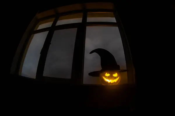 Ijesztő Halloween Tök Kék Ablak Szobában Éjszaka Éjszaka Vagy Halloween — Stock Fotó