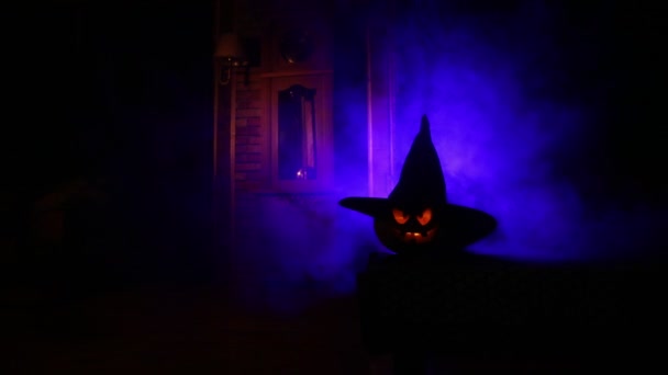 Halloween Vintage Interiéru Západním Stylu Dýně Starožitné Hodiny Pozadí Horor — Stock video