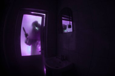 Korku penceresinde kadın silüeti. Korkunç Cadılar Bayramı kavramı bulanık silueti banyoda cadı