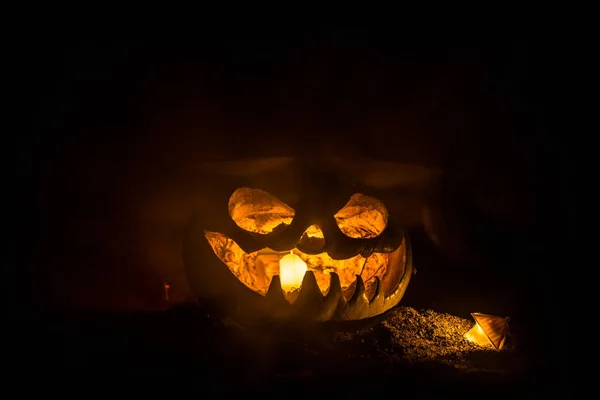 Conceito Halloween Sorriso Jack Lanterna Olhos Assustadores Para Noite Festa — Fotografia de Stock