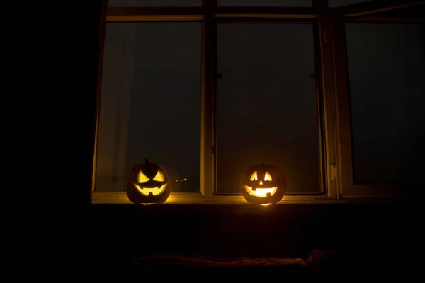 Calabaza Halloween Miedo Ventana Casa Mística Por Noche Calabaza Halloween — Foto de Stock