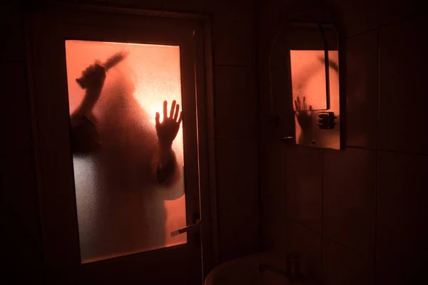 Silueta Horror Mujer Ventana Concepto Halloween Miedo Silueta Borrosa Bruja — Foto de Stock