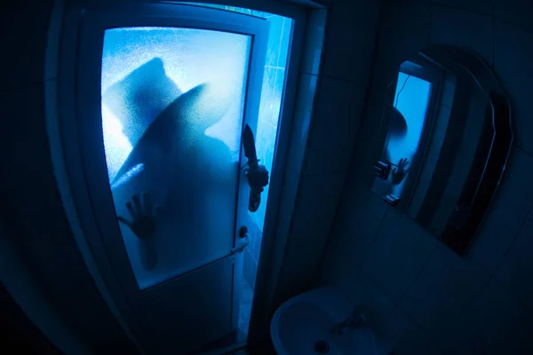 在窗口的妇女的恐怖剪影 可怕的万圣节概念模糊的巫婆在浴室剪影 — 图库照片