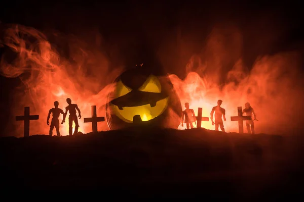 Vue Effrayante Des Zombies Cimetière Arbre Mort Lune Église Ciel — Photo