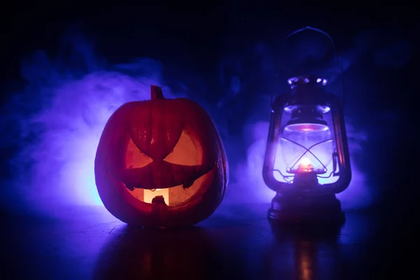 Scena Halloween Con Zucca Lampada Olio Happy Halloween Vacanza Sfondo — Foto Stock