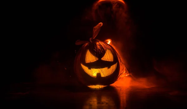 Halloween Tök Mosoly Scrary Szemét Fél Éjszakát Közelről Nézet Félelmetes — Stock Fotó