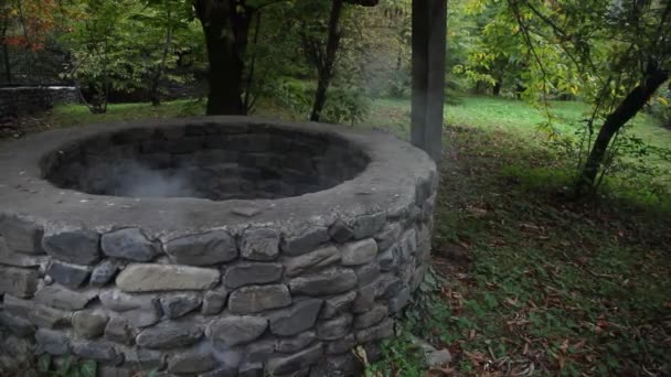 Ein Schreckliches Mädchen Mit Langen Schwarzen Haaren Steht Einem Düsteren — Stockvideo