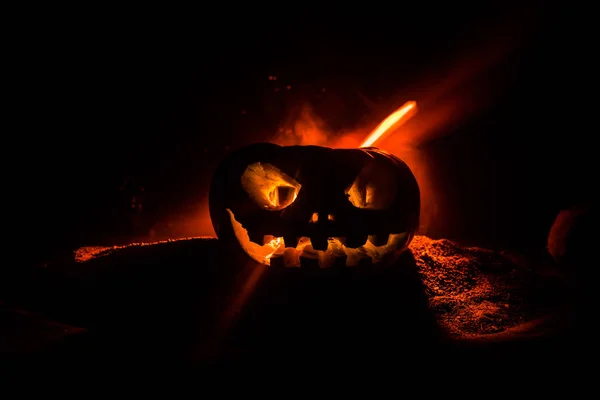 Halloween Pumpkin Smile Scrary Eyes Party Night Close View Scary — Stock Photo, Image