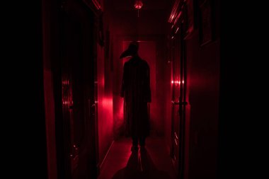 Ürpertici siluet koyu terk edilmiş binada. Korku Cadılar Bayramı kavramı. Karanlık koridor ortasında duran korku kişi silueti ile. Tonda ışık ve sis arka plan üzerinde.