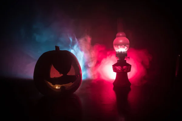 Halloween Tök Olaj Lámpa Jelenet Boldog Halloween Ünnep Háttér Régi — Stock Fotó