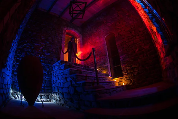 Old Creepy Abandoned Mansion Silhouette Horror Ghost Standing Castle Stairs — Stock Photo, Image