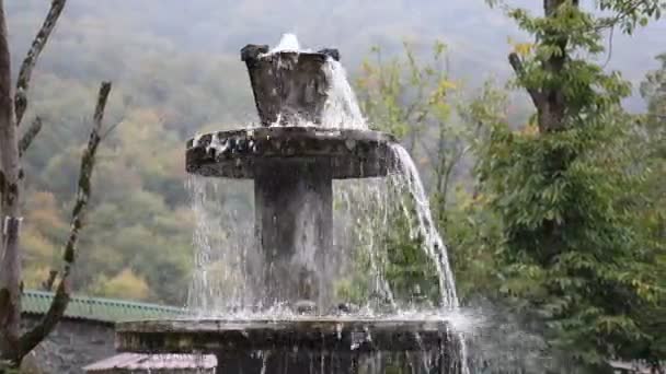 Rent Färskt Vatten Vattenfall Skogen Bergen Gamla Fontän Närbild Reglaget — Stockvideo