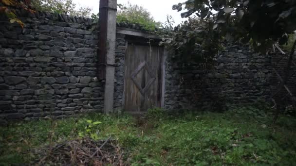 Wooden Door Old Stone Building Brown Wooden Double Door White — Stock Video