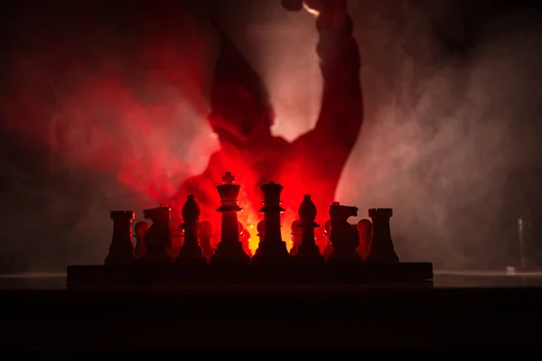 Man Playing Chess Scary Blurred Silhouette Person Chessboard Chess Figures — Stock Photo, Image