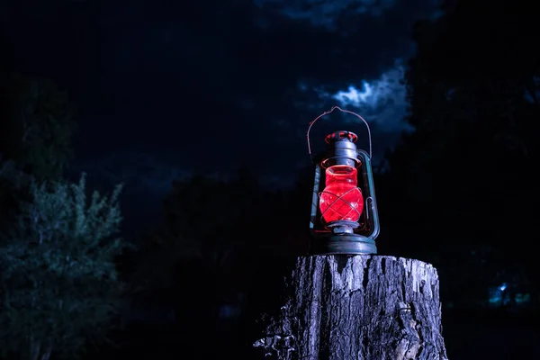 Horror Halloween Konzept Brennende Alte Öllampe Wald Der Nacht Nächtliche — Stockfoto