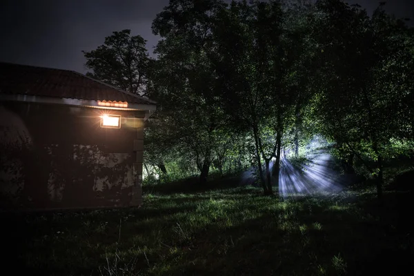 Montagna Paesaggio Notturno Costruzione Foresta Notte Con Luna Vintage Casa — Foto Stock