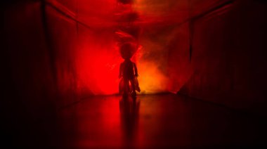 Ürpertici siluet koyu terk edilmiş binada. Korku manyak genel kavram ya da kabine kapılar ile karanlık koridor ve korkunç korku bebek ile farklı pozlar ayakta silüeti ışıklarla hakkında.