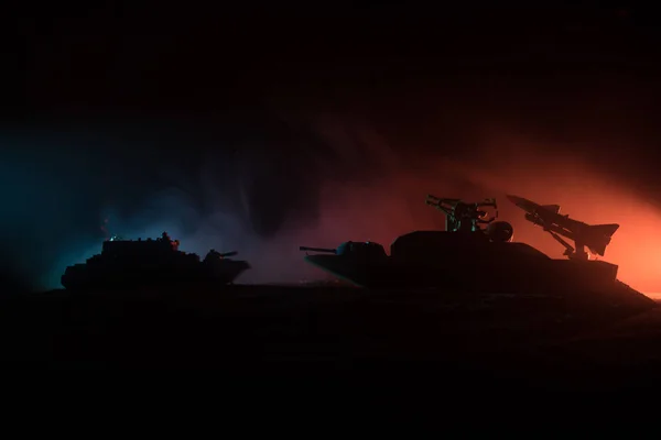 Sea Battle Scene Silhouettes Military War Ships Dark Foggy Toned — Stock Photo, Image