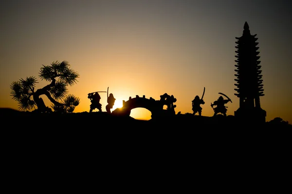 Combatiente Con Una Silueta Espada Ninja Cielo Samurai Cima Montaña — Foto de Stock