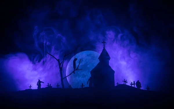 Scary View Zombies Cemetery Dead Tree Moon Church Spooky Cloudy — Stock Photo, Image