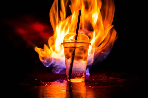Cocktail Fire Concept Glass Club Drink Burning Fire Dark Toned — Stock Photo, Image