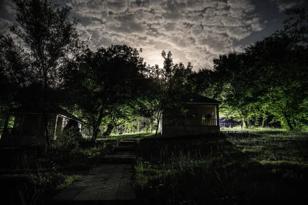 Montanha Noite Paisagem Construção Floresta Noite Com Lua Vintage Casa — Fotografia de Stock