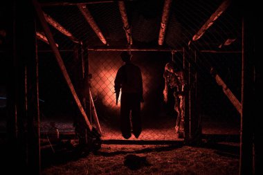 Korku görünümü siluet sis ile gece iskele üzerinde asılmış adam ve tonda ışık arka plan üzerinde. Yürütme (veya intihar) dekorasyon. Korku Cadılar Bayramı kavramı.