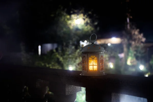 Retro Style Lantern Night Beautiful Colorful Illuminated Lamp Balcony Garden — Stock Photo, Image