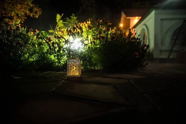 Retro Style Lantern Night Beautiful Colorful Illuminated Lamp Balcony Garden — Stock Photo, Image