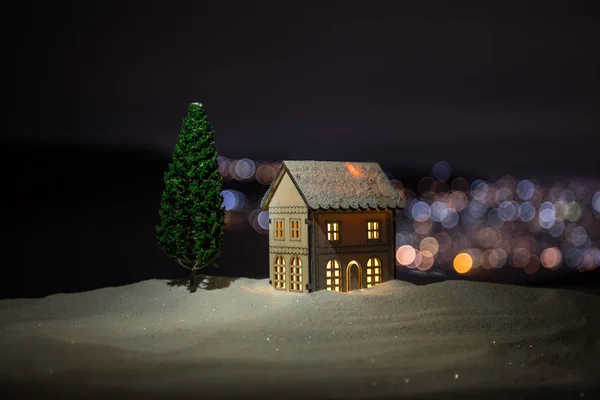 Christmas New Year Miniature House Snow Night Fir Tree Little — Stock Photo, Image